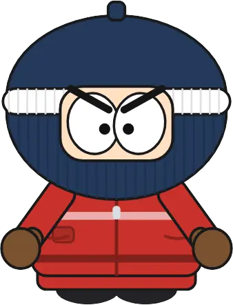 Chubs, scowling through his balaclava in a red snowsuit