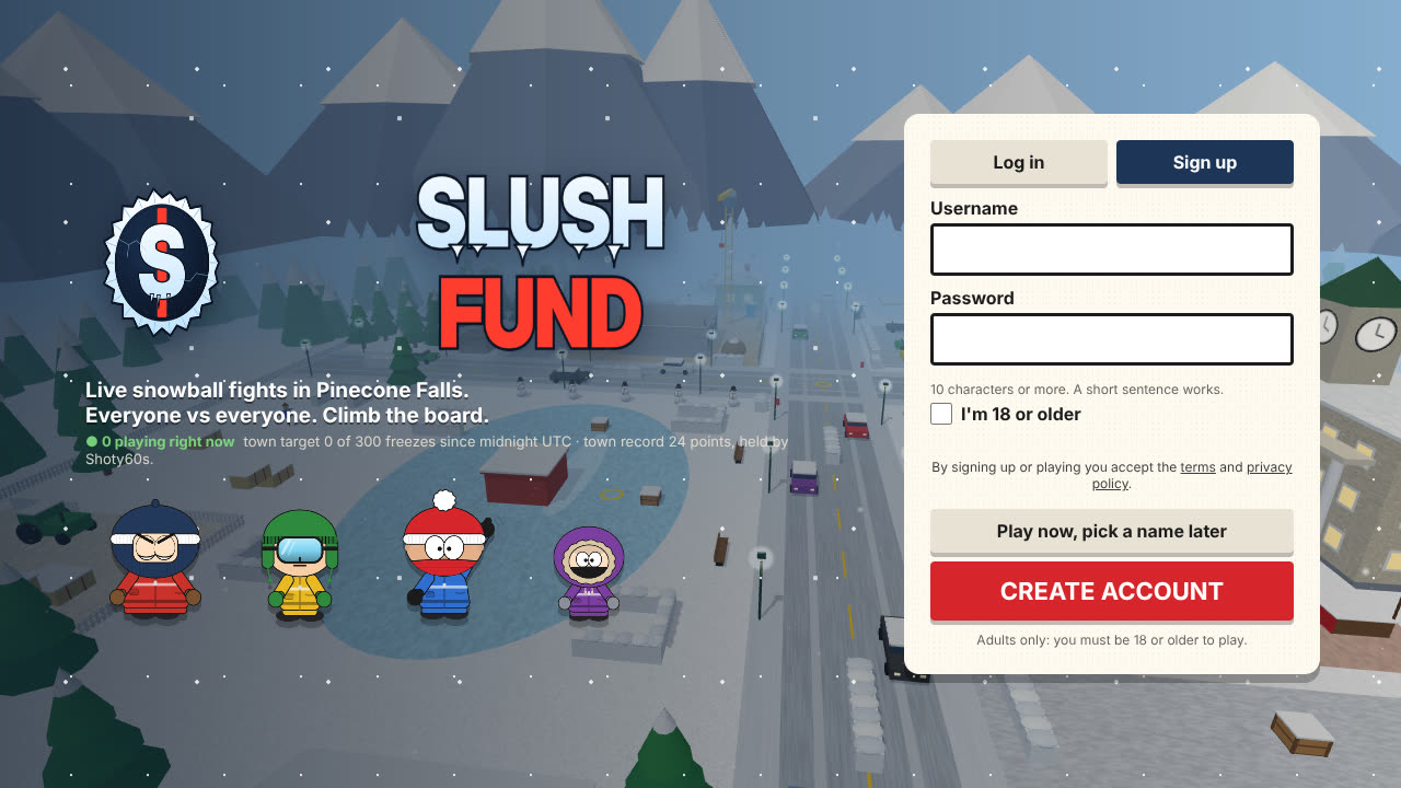 Slush Fund start screen: the logo, four paper-cutout characters and the sign-up card over a snowy town