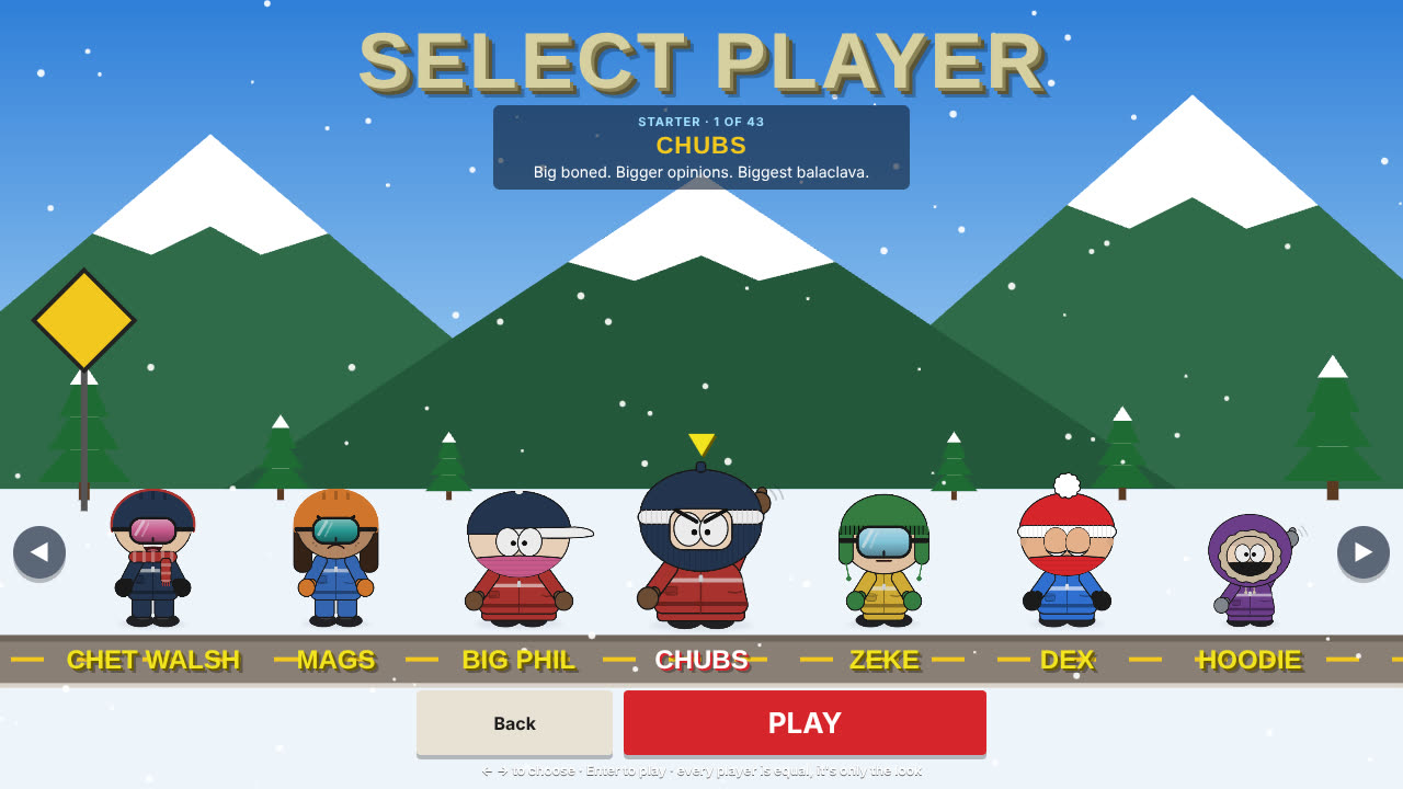 Select Player screen with Mags, Big Phil, Chubs, Zeke, Dex and Hoodie