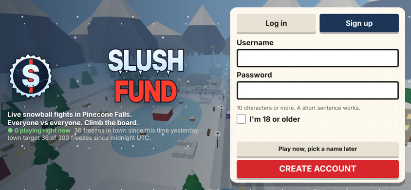Slush Fund start screen on a phone held in landscape