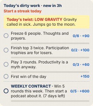 The menu's daily box: today's twist is Low Gravity, three daily challenges with their XP, and the weekly contract to win 5 rounds for 600 XP