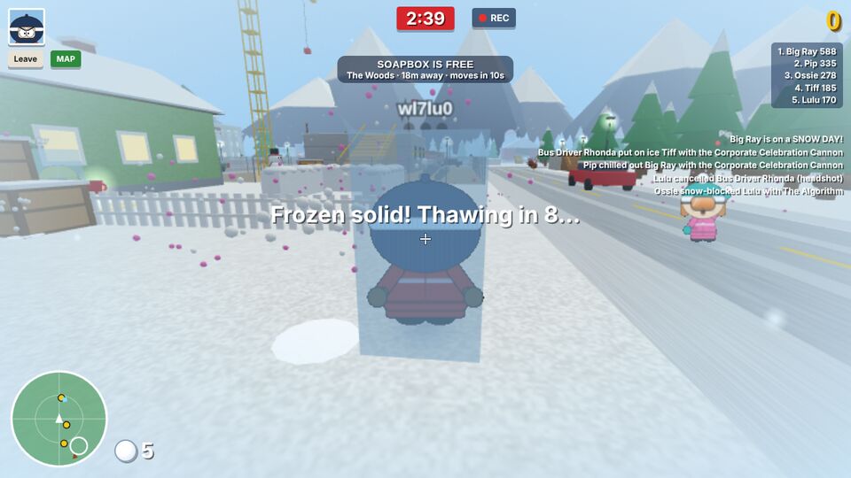Freeze cam: a player frozen in a block of ice on a snowy street, with the words Frozen solid, thawing in 8