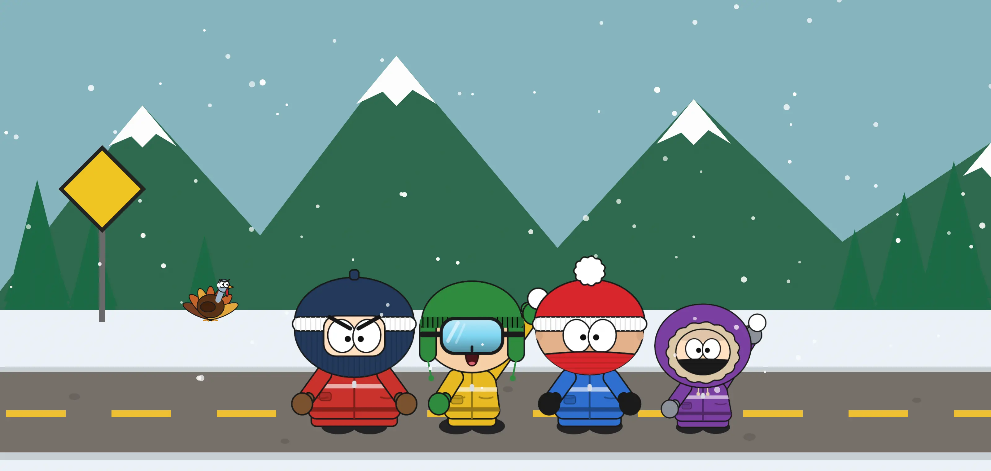Four paper-cutout fighters in snowsuits and face coverings, Chubs, Zeke, Dex and Hoodie, lined up on a snowy street under green mountains
