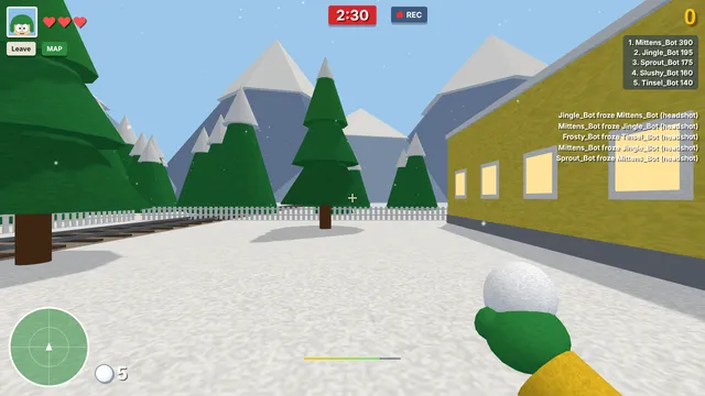 First-person view holding a snowball in a snowy street, with the round timer and minimap