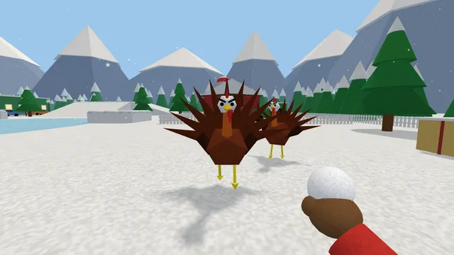 Two wild turkeys strutting across the snow toward the player