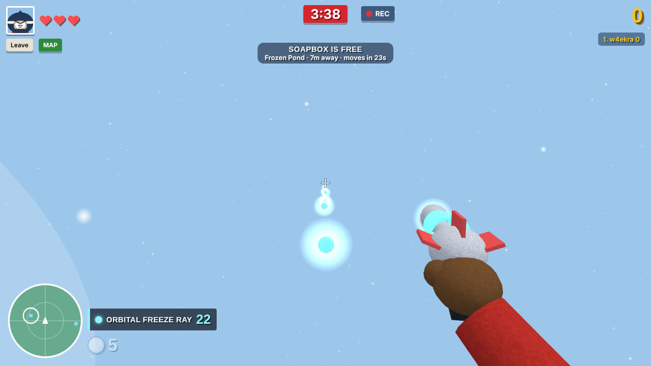 A player firing the Orbital Freeze Ray, a retro silver ray gun shooting glowing ice balls